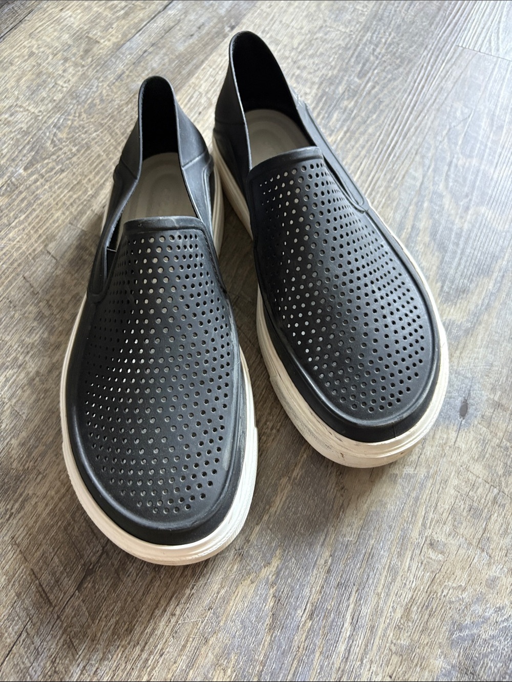 CROCS Black Perforated Slip-On Loafers with White Sole
